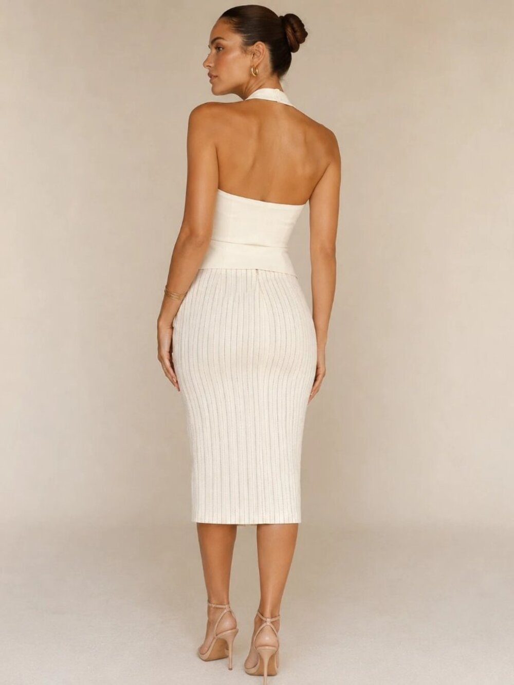 Sz 6 Y2K 2000s Roman's Citta Cream Cotton Pencil Skirt Buckle Made in Italy